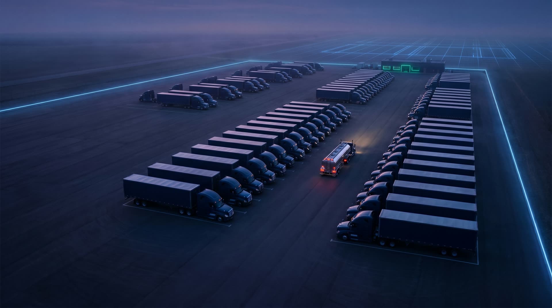 Aerial view of a fleet truck yard at dusk with a glowing geofence perimeter and a Mobile Fuel Services truck moving down a central lane