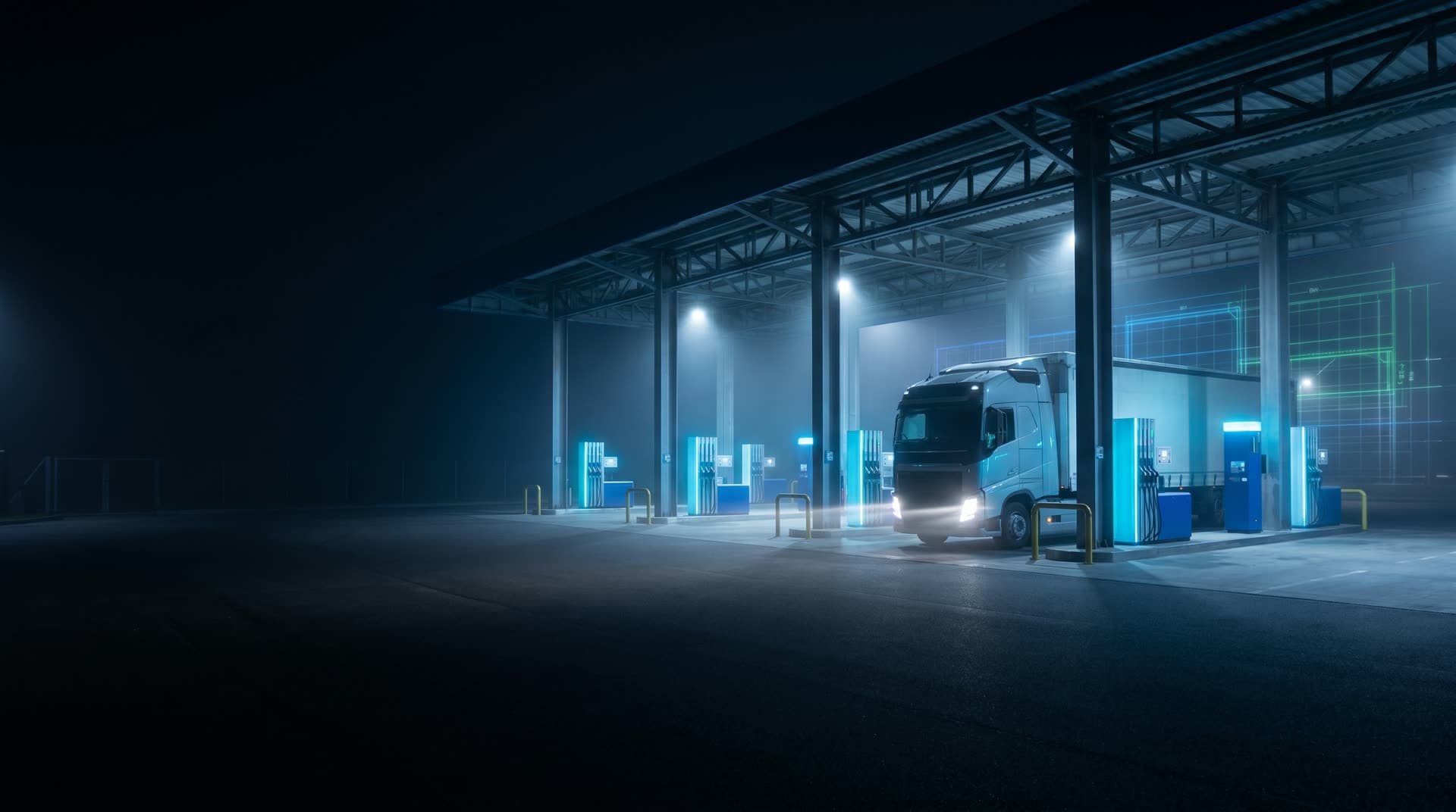A secure cardlock fuel island lit in cool blue at night with a truck fueling