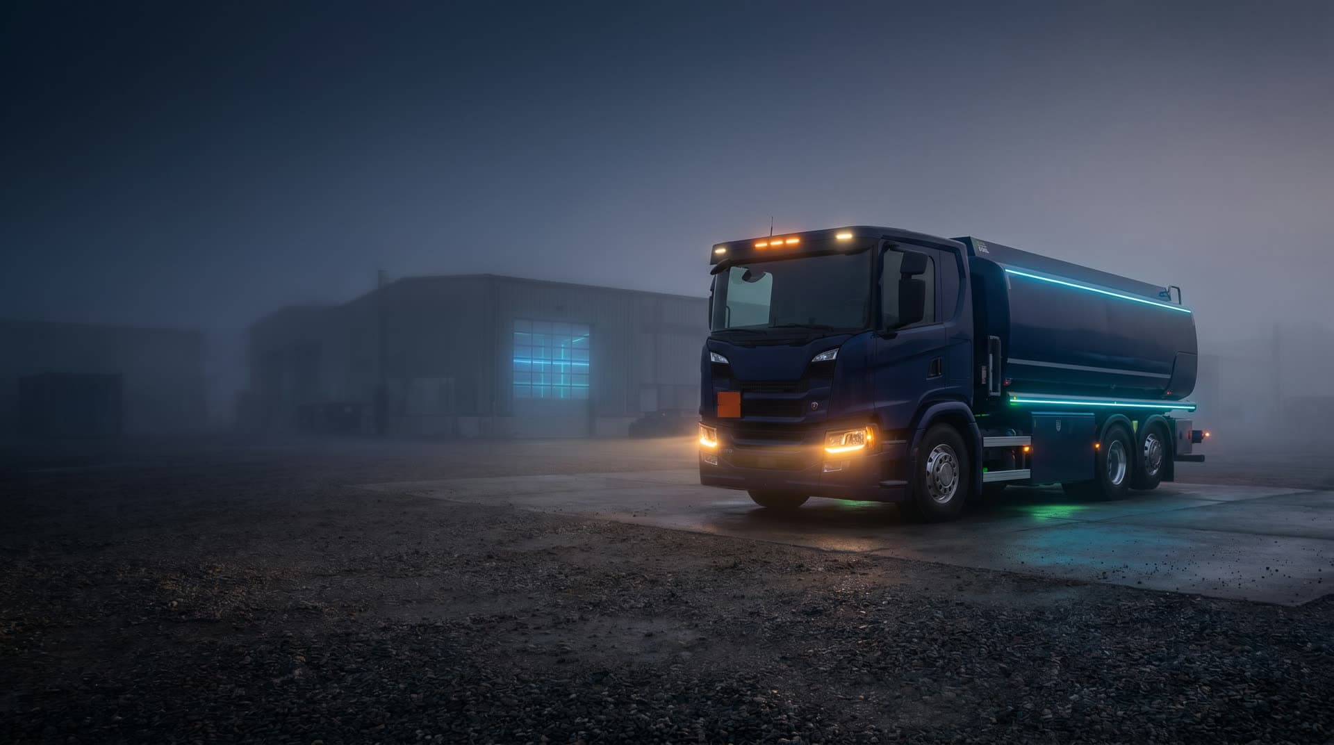 A Mobile Fuel Services fuel truck at dawn in a depot yard, ready to roll