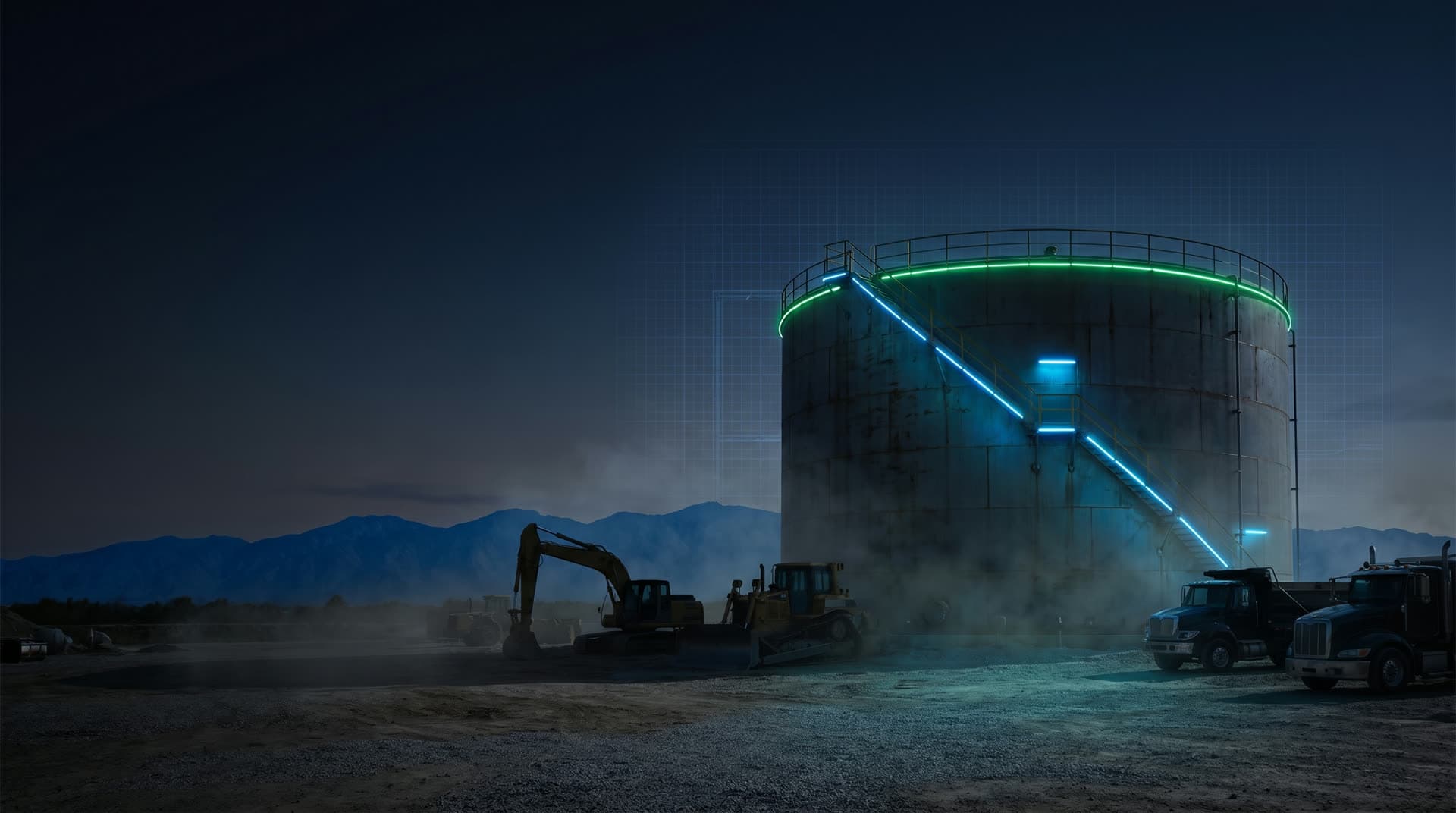 A bulk on-site fuel storage drop tank at a construction job site at dusk