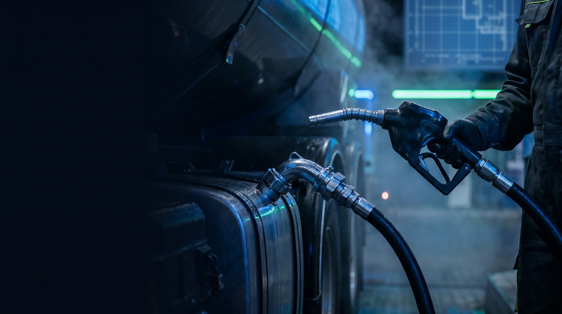 Close-up of an on-site fuel nozzle and hose refueling a heavy diesel truck at night
