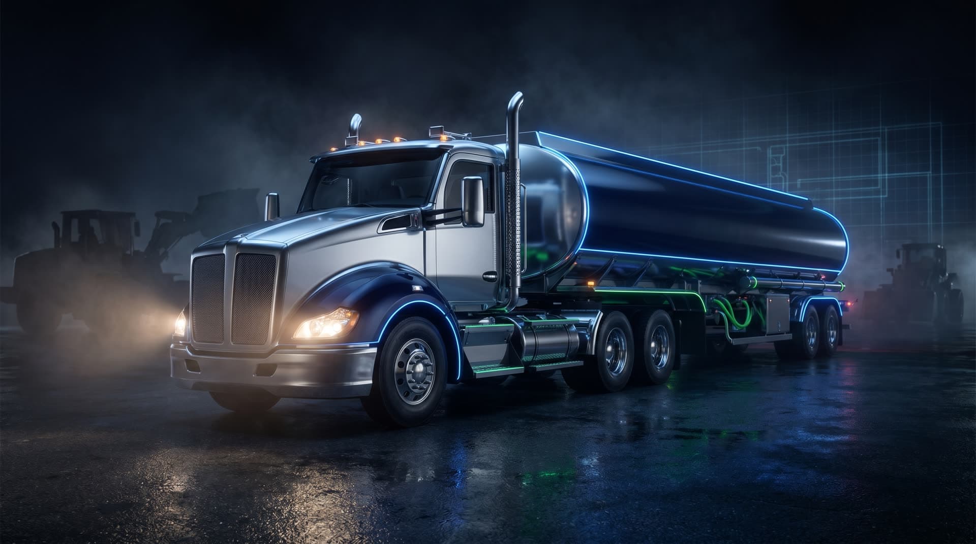 A Mobile Fuel Services fuel tanker truck lit in neon blue at a dark industrial depot